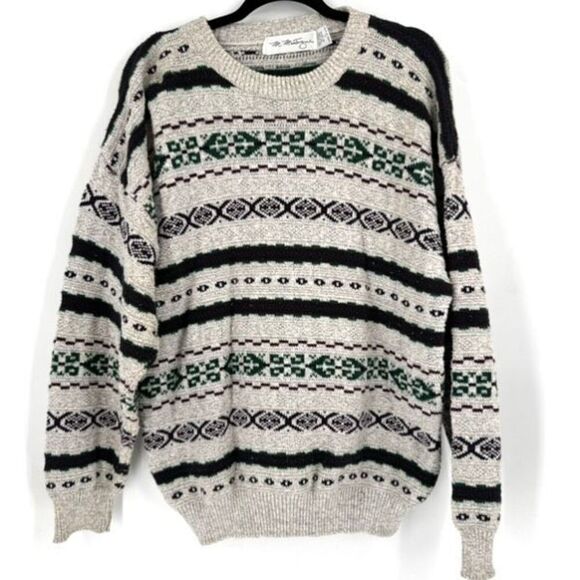 Vintage M. Mantogne Knit Striped‎ Sweater Large Boyfriend GrandpaCore 3D Nordic - Picture 1 of 10